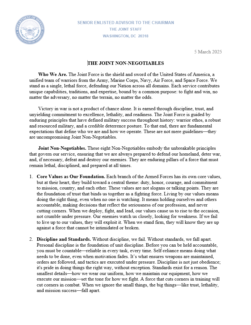 Thumbnail of the "The Joint Non-Negotiables" memo by Senior Enlisted Advisor to the Chairman (SEAC) U.S. Marine Corps Sgt. Maj. Troy E. Black.
